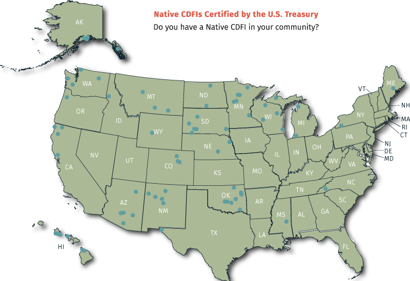 Map showing Native CDFIs Certified by the US treasury. 