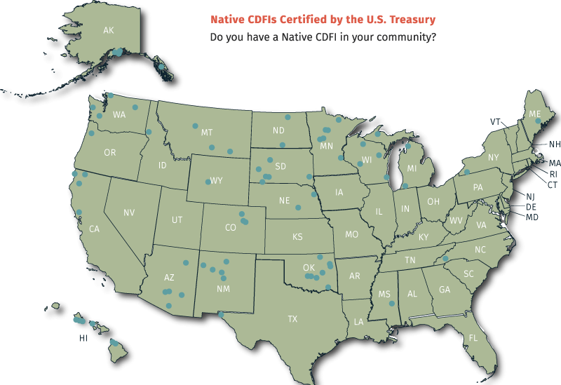 Map showing Native CDFIs Certified by the US treasury.